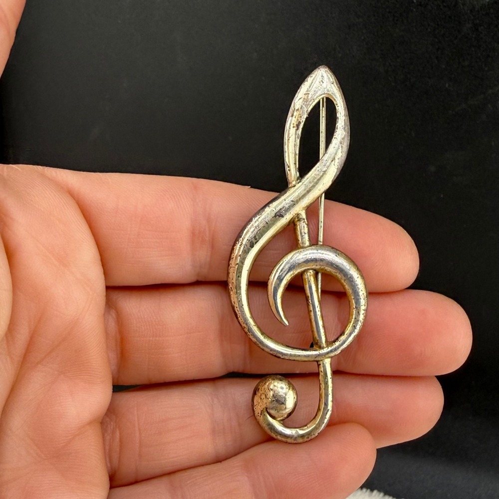 Vintage Beau Sterling Treble Clef Brooch Silver Tone Music Note G Clef